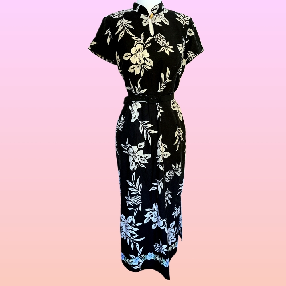 Vintage black and white tropical print dress